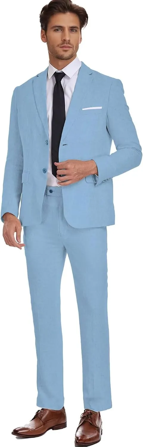 Wehilion Men's 2 Piece Linen Suits Slim Fit Casual Summer Beach Wedding Dress Tux Prom Lightweight Blazer Jacket and Pants