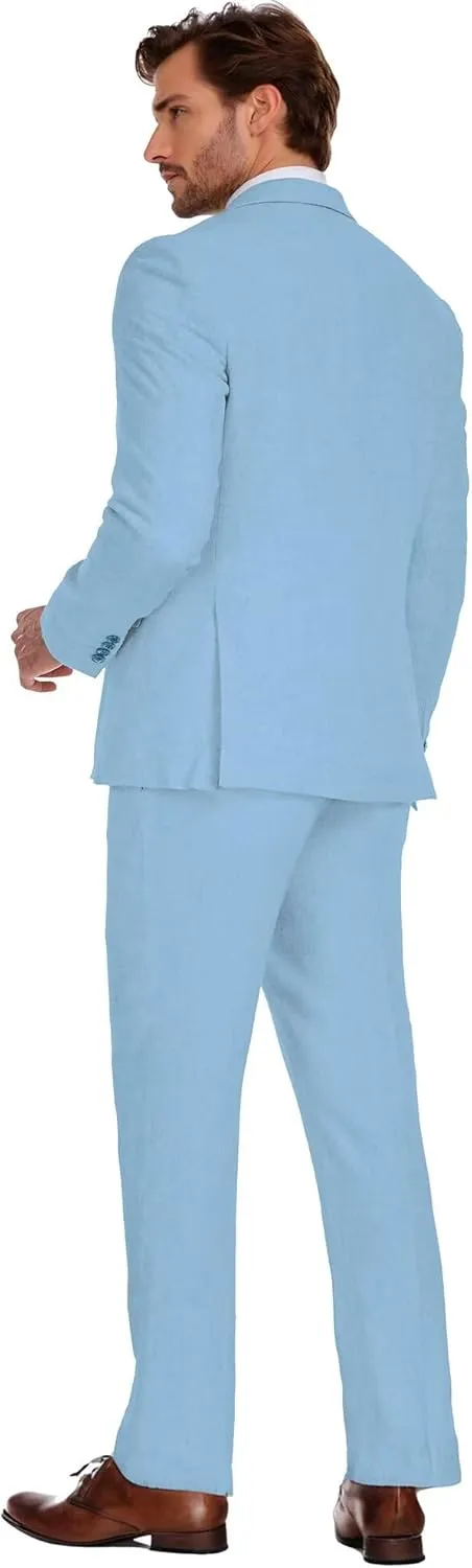 Wehilion Men's 2 Piece Linen Suits Slim Fit Casual Summer Beach Wedding Dress Tux Prom Lightweight Blazer Jacket and Pants