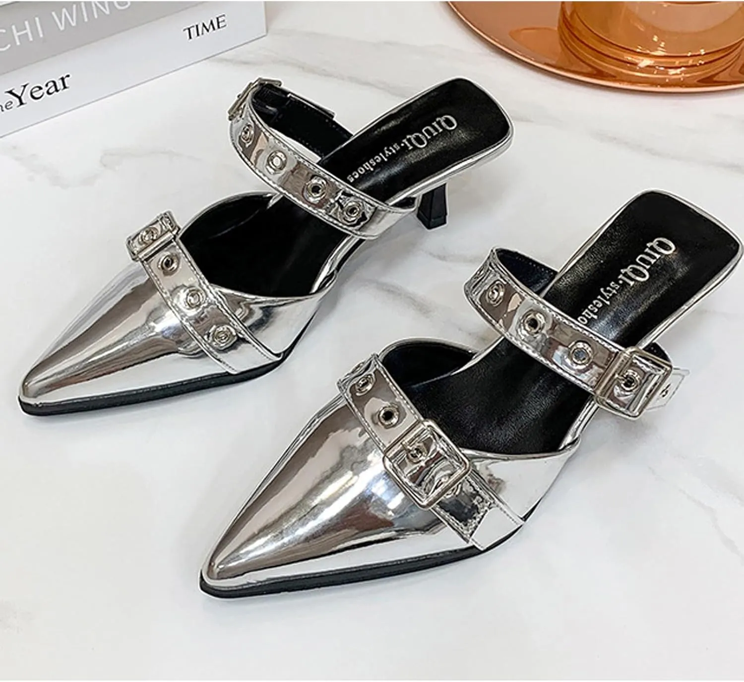 WENOREG Women's Pointed Toe Metal Buckle Kitten Heels Mule Sandals,Summer Adjustable Buckle Sexy Metal Mid Heeled Arch Support Comfortable Slip-On Leather Dress Party Wedding Shoes