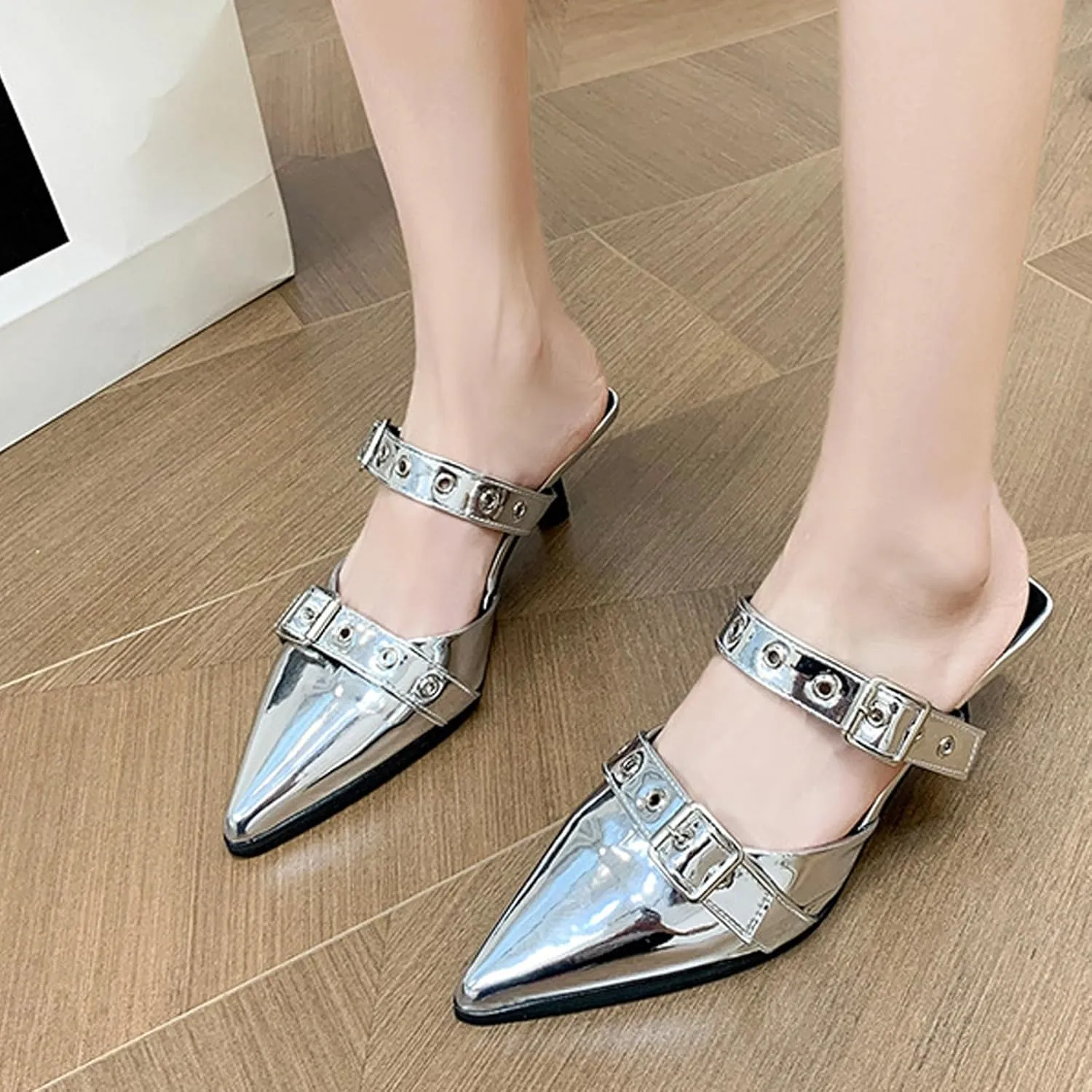 WENOREG Women's Pointed Toe Metal Buckle Kitten Heels Mule Sandals,Summer Adjustable Buckle Sexy Metal Mid Heeled Arch Support Comfortable Slip-On Leather Dress Party Wedding Shoes