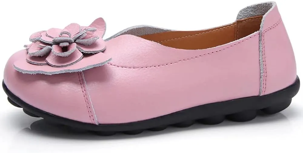 WERWAES Casual Leather Loafers Shoes for Womens Slim Lightweight Soft Sole Flat Moccasins Shoes with Flowers Cowhide Round Toe Slip on Womens Loafer Indoor Outdoor Walking Womens Shoes