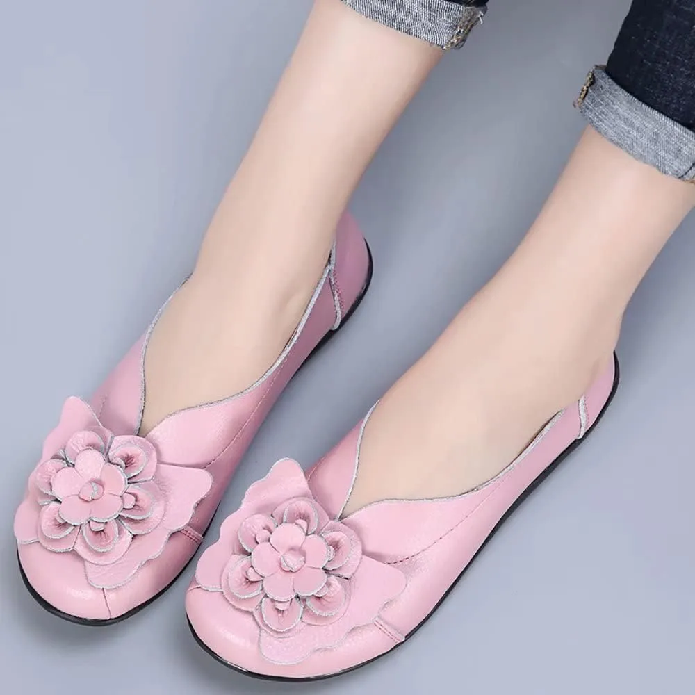 WERWAES Casual Leather Loafers Shoes for Womens Slim Lightweight Soft Sole Flat Moccasins Shoes with Flowers Cowhide Round Toe Slip on Womens Loafer Indoor Outdoor Walking Womens Shoes