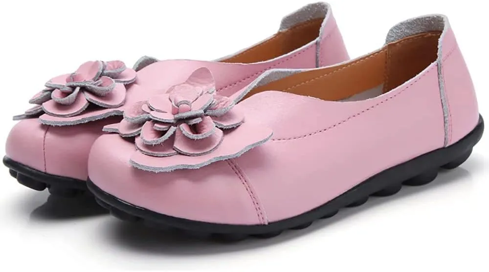 WERWAES Casual Leather Loafers Shoes for Womens Slim Lightweight Soft Sole Flat Moccasins Shoes with Flowers Cowhide Round Toe Slip on Womens Loafer Indoor Outdoor Walking Womens Shoes