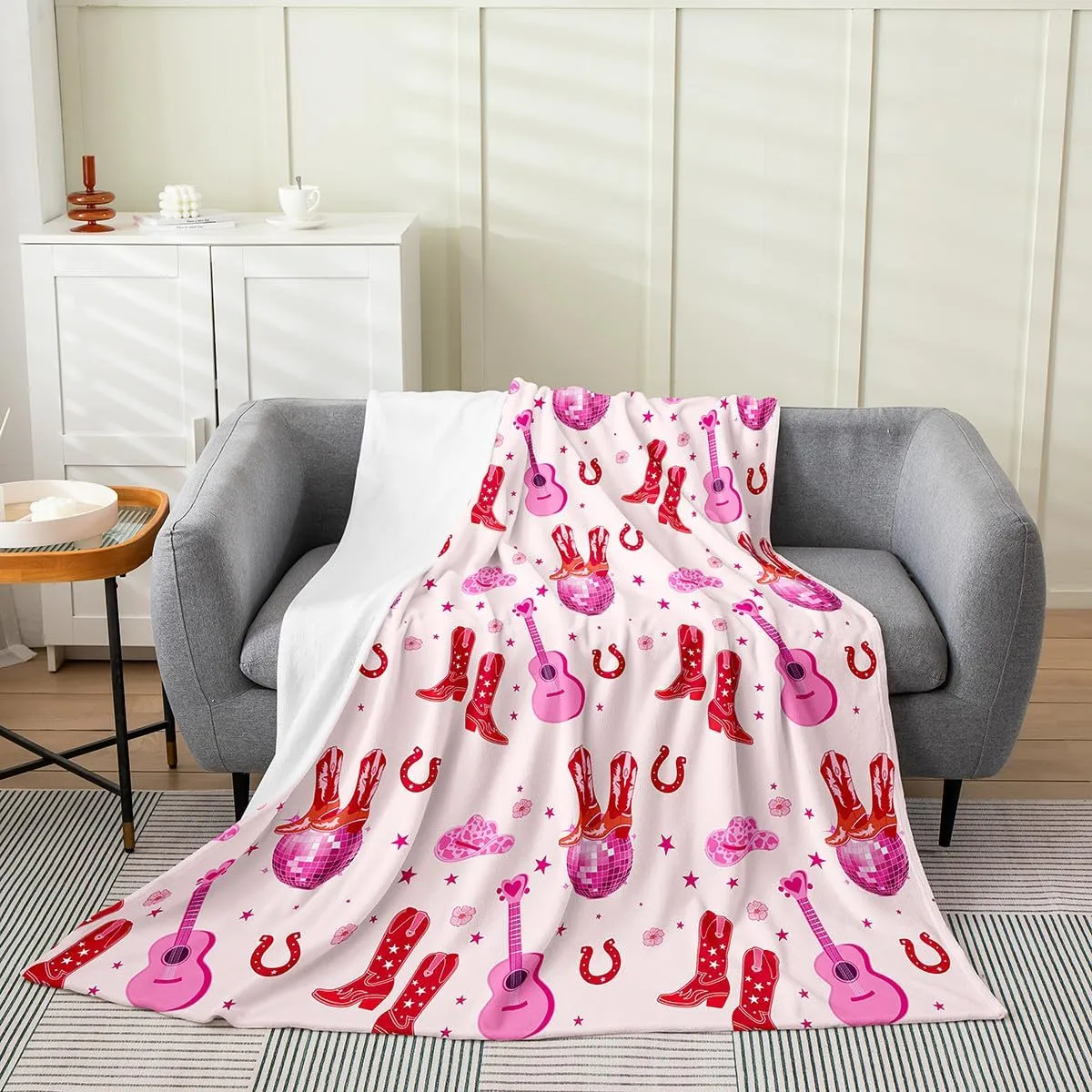 Western Cowgirl Bed Blankets,Tribal Boots Hats Horseshoe Cowgirl Flannel Blanket,Southwestern Guitar Disco Balls Starry Red Pink Fleece Blanket for Sofa Dorm Decor,Throw 50"x60"
