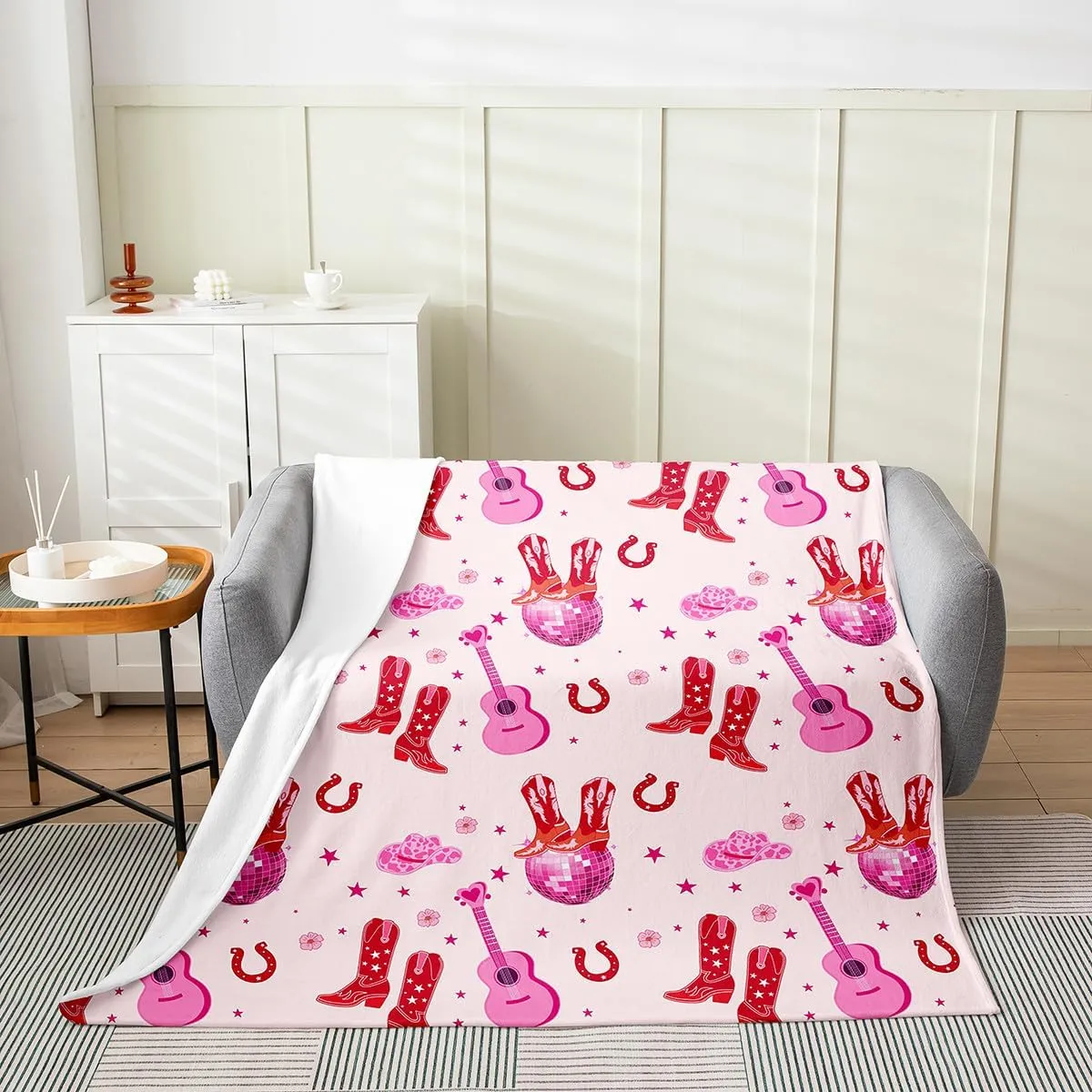 Western Cowgirl Bed Blankets,Tribal Boots Hats Horseshoe Cowgirl Flannel Blanket,Southwestern Guitar Disco Balls Starry Red Pink Fleece Blanket for Sofa Dorm Decor,Throw 50"x60"