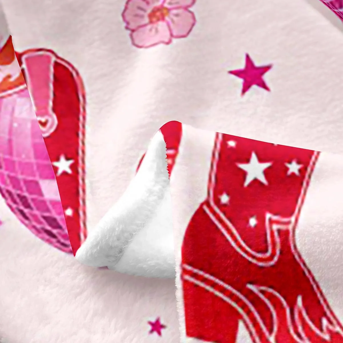 Western Cowgirl Bed Blankets,Tribal Boots Hats Horseshoe Cowgirl Flannel Blanket,Southwestern Guitar Disco Balls Starry Red Pink Fleece Blanket for Sofa Dorm Decor,Throw 50"x60"