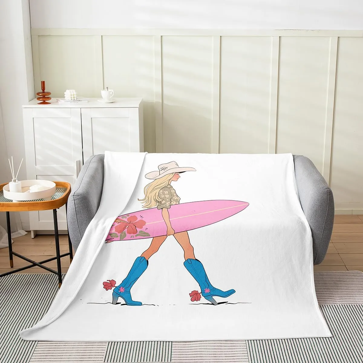 Western Cowgirl Flannel Blanket,Cowgirl Boots Surfboard Summer Beach Girls Boys Bed Blanket,Flowers Rustic Lake House Cabin Pink Chic Fuzzy Blanket,Baby Size (30 x 39 Inches)
