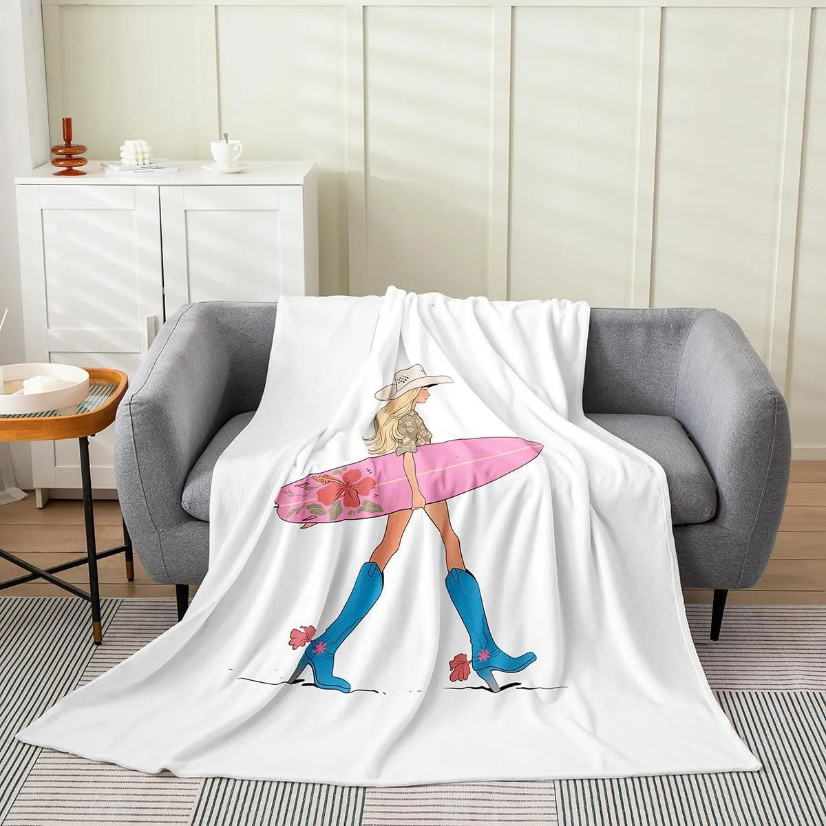 Western Cowgirl Flannel Blanket,Cowgirl Boots Surfboard Summer Beach Girls Boys Bed Blanket,Flowers Rustic Lake House Cabin Pink Chic Fuzzy Blanket,Baby Size (30 x 39 Inches)