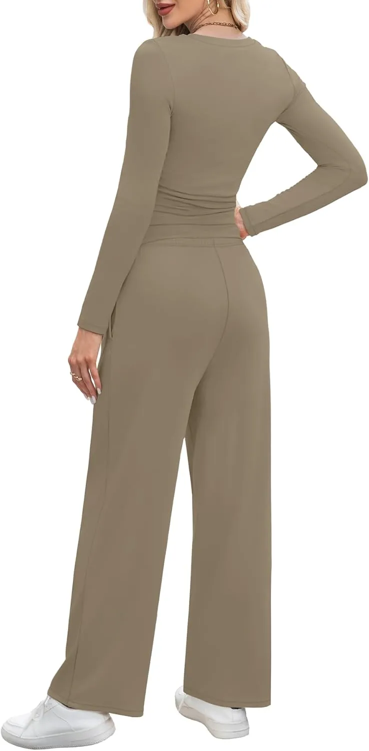 WIHOLL Lounge Sets for Women 2 Piece Vacation Outfits Long Sleeve Tops with Side Ruched Wide Leg Pants Matching Sets