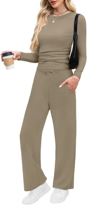 WIHOLL Lounge Sets for Women 2 Piece Vacation Outfits Long Sleeve Tops with Side Ruched Wide Leg Pants Matching Sets