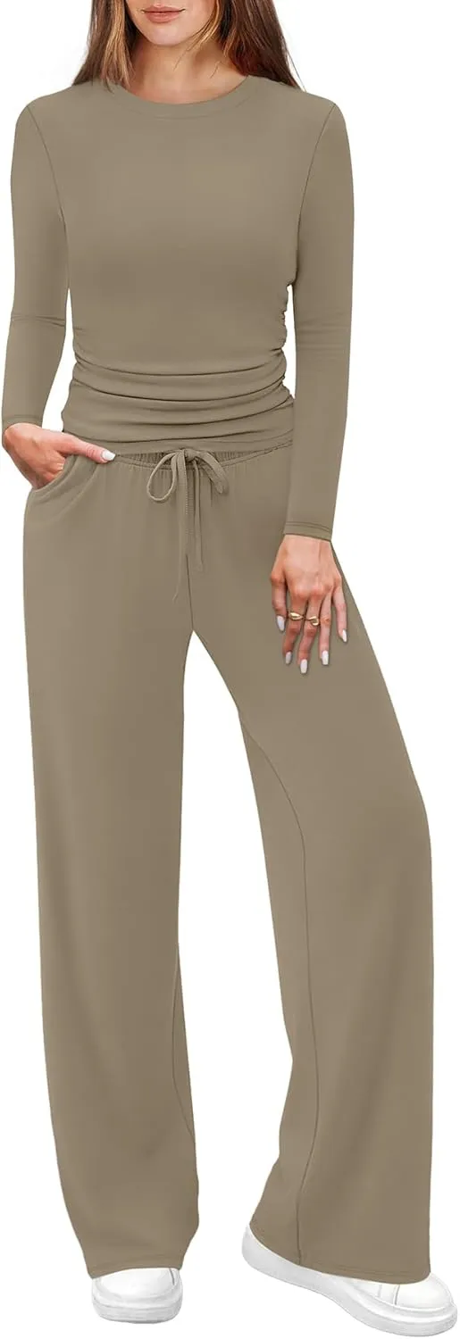 WIHOLL Lounge Sets for Women 2 Piece Vacation Outfits Long Sleeve Tops with Side Ruched Wide Leg Pants Matching Sets