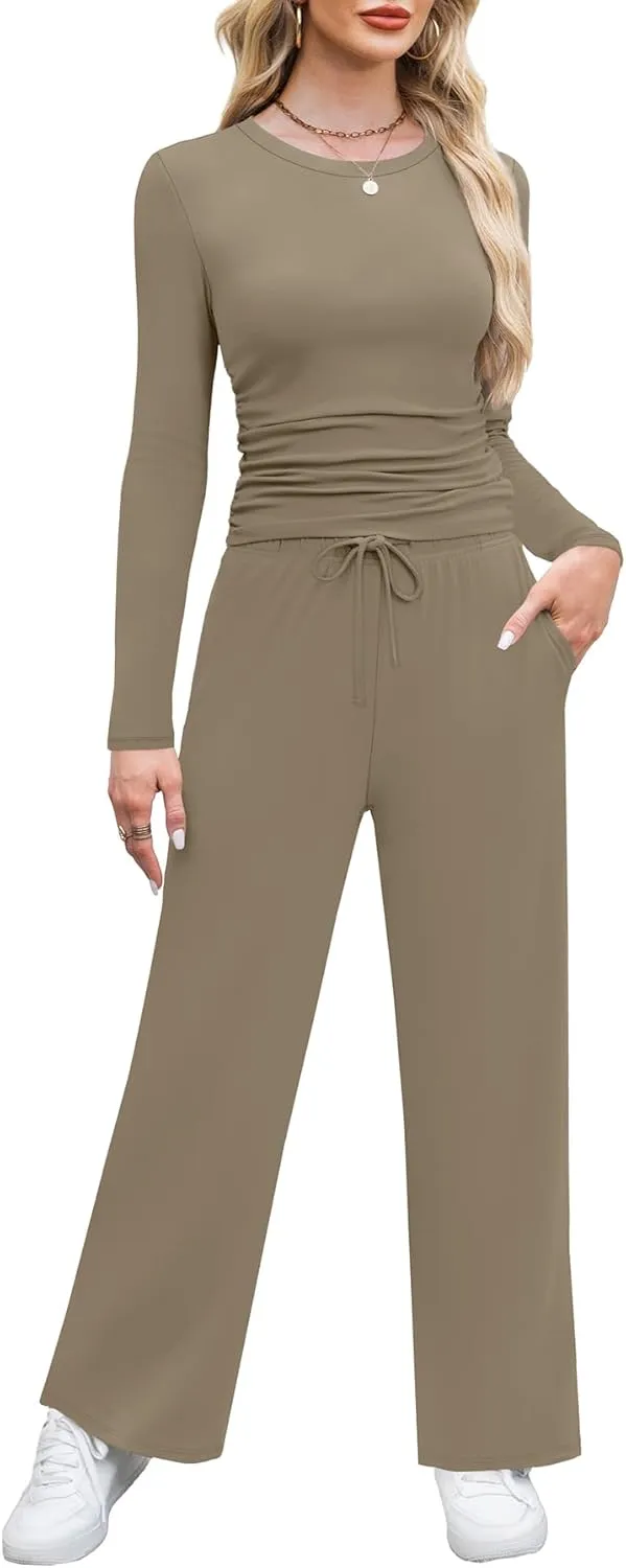 WIHOLL Lounge Sets for Women 2 Piece Vacation Outfits Long Sleeve Tops with Side Ruched Wide Leg Pants Matching Sets