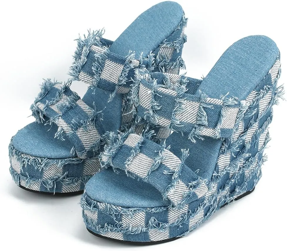 WILDKATZEN Women's Two Strap Wedge Heeled Slide Checkered Pattern Denim High Heels