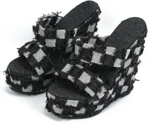 WILDKATZEN Women's Two Strap Wedge Heeled Slide Checkered Pattern Denim High Heels