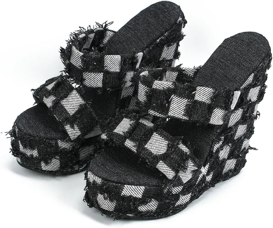 WILDKATZEN Women's Two Strap Wedge Heeled Slide Checkered Pattern Denim High Heels