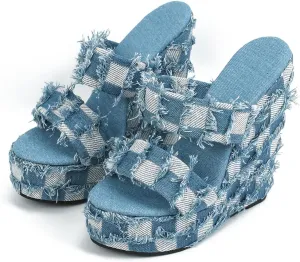 WILDKATZEN Women's Two Strap Wedge Heeled Slide Checkered Pattern Denim High Heels