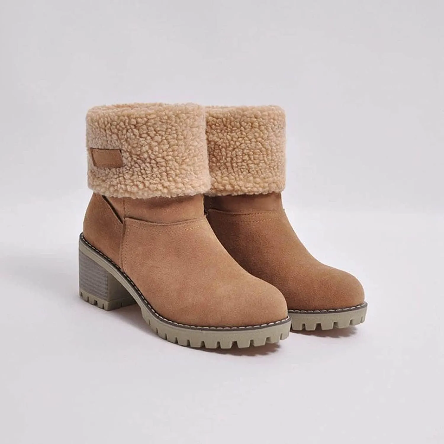 Winter Boots for Women, Comfortable Slip On Mid Chunky Heel Suede Warm Snow Ankle Boots Outdoor Shoes