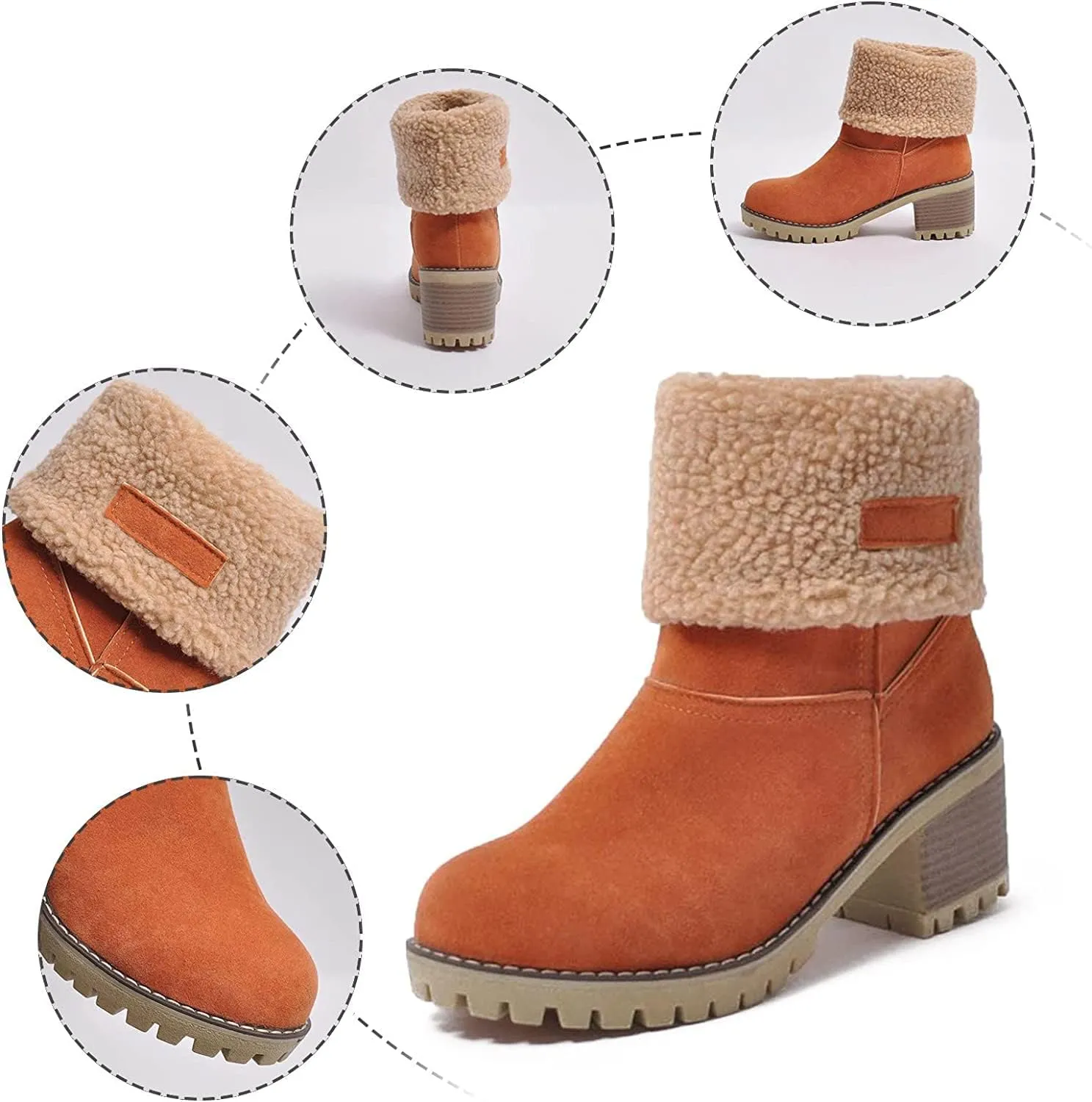Winter Boots for Women, Comfortable Slip On Mid Chunky Heel Suede Warm Snow Ankle Boots Outdoor Shoes