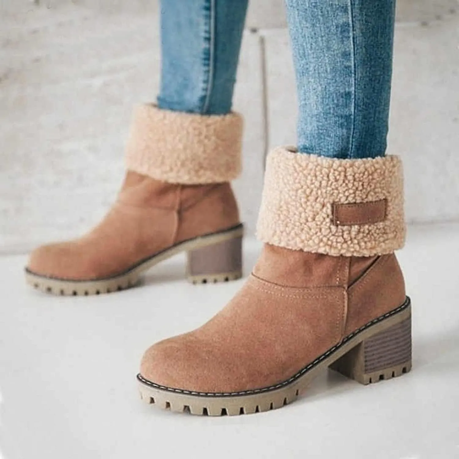 Winter Boots for Women, Comfortable Slip On Mid Chunky Heel Suede Warm Snow Ankle Boots Outdoor Shoes