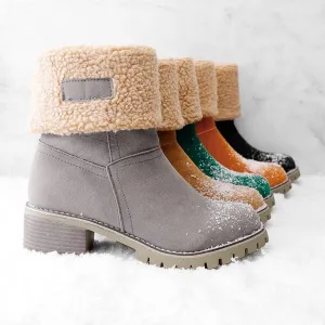Winter Boots for Women, Comfortable Slip On Mid Chunky Heel Suede Warm Snow Ankle Boots Outdoor Shoes