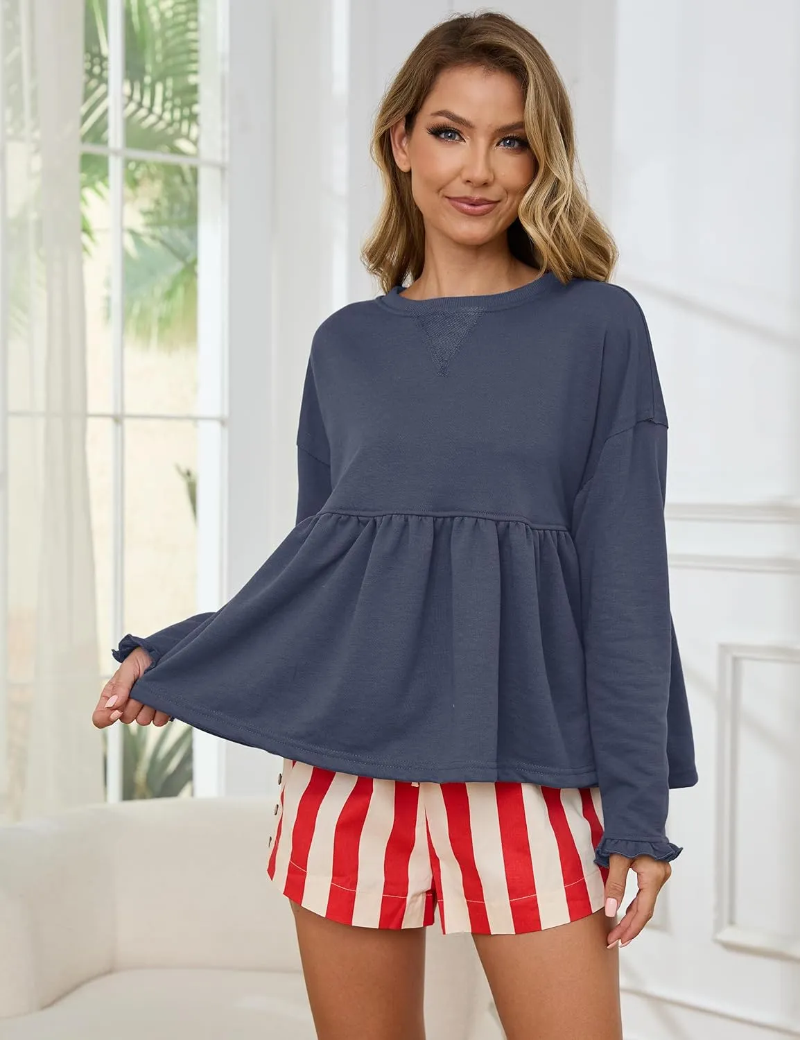 Women Babydoll Sweatshirt Ruffled Hem Cute Sweatshirts Crew Neck Ruffle Long Sleeve Peplum Pullover