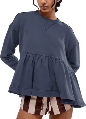 Women Babydoll Sweatshirt Ruffled Hem Cute Sweatshirts Crew Neck Ruffle Long Sleeve Peplum Pullover