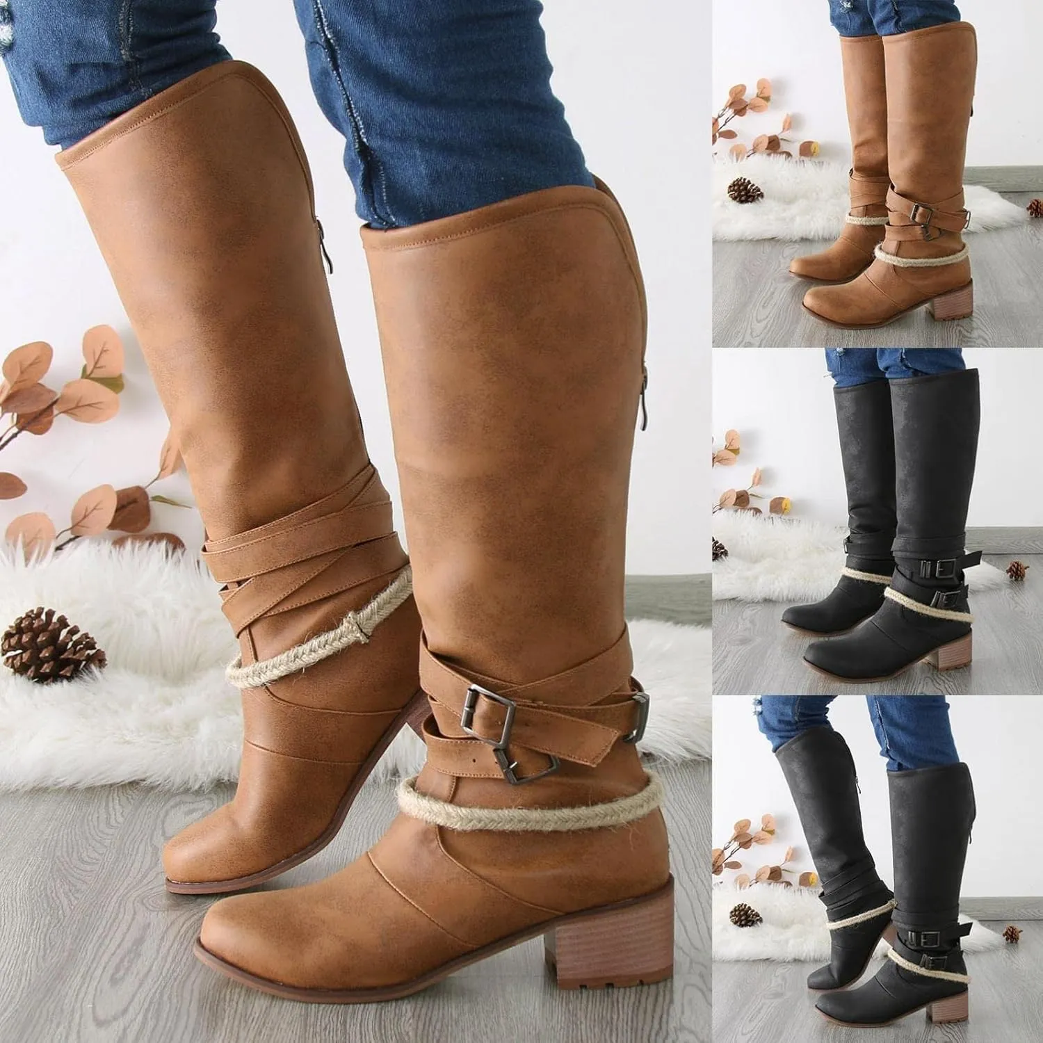Women Boots Western Cowgirl Cowboy Boots Wide Calf Round Toe Vintage Embroidered Pull On Booties Shoes
