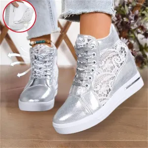 Women Fashion Platform Sneakers High Hidden Heel Wedge Walking Shoes Brides Wedding Shoes Women's Fashion Sneakers High Chunky Heel Loafers Platform Hidden Heels for Women with Ankle Walking Shoes