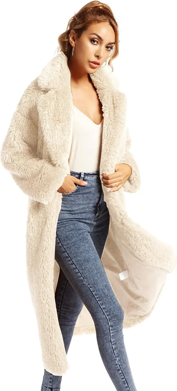 Women Faux Fur Winter Coats Comfort Warm Outerwear Open Front Long Cardigan Overcoat Jacket