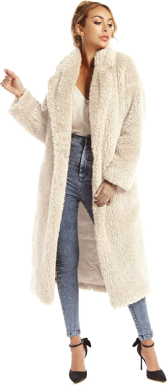 Women Faux Fur Winter Coats Comfort Warm Outerwear Open Front Long Cardigan Overcoat Jacket