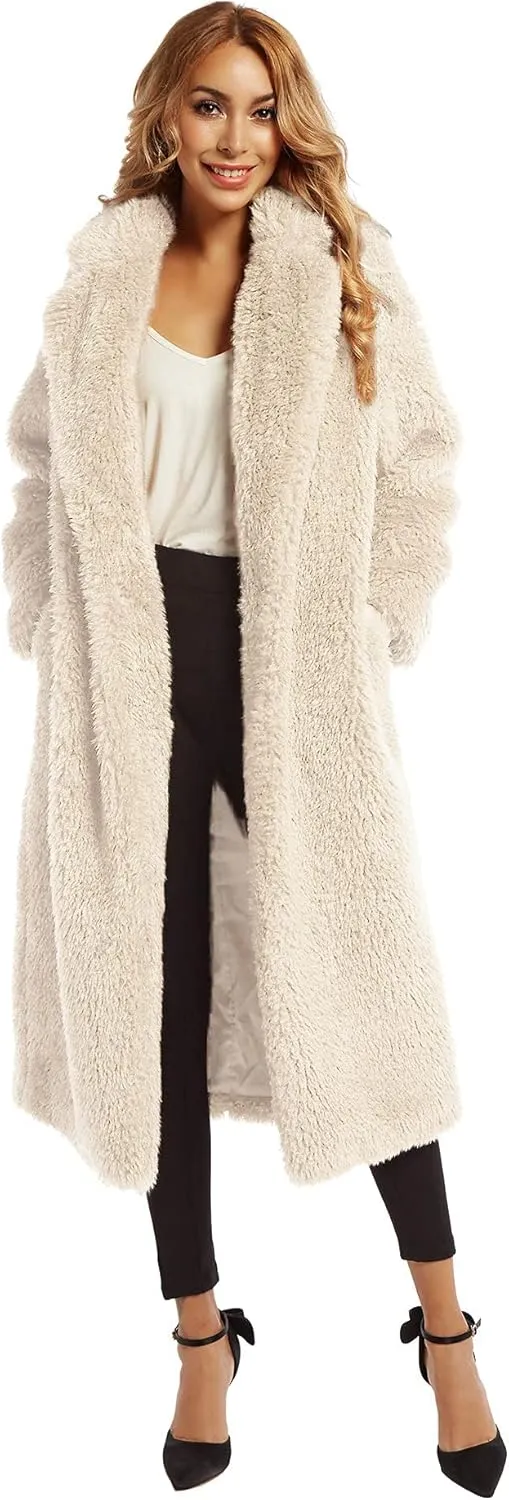 Women Faux Fur Winter Coats Comfort Warm Outerwear Open Front Long Cardigan Overcoat Jacket