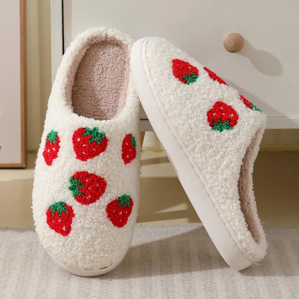 Women Home Slippers Cute Pattern Strawberry Slippers Indoor Outdoor Plaid Shoes Warm Soft Bedroom Shoes Fuzzy Closed Toe Sandals Non Slip House Bedroom Slippers