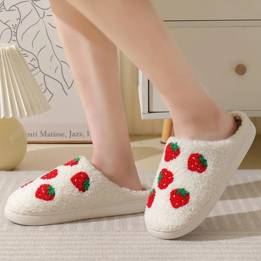 Women Home Slippers Cute Pattern Strawberry Slippers Indoor Outdoor Plaid Shoes Warm Soft Bedroom Shoes Fuzzy Closed Toe Sandals Non Slip House Bedroom Slippers