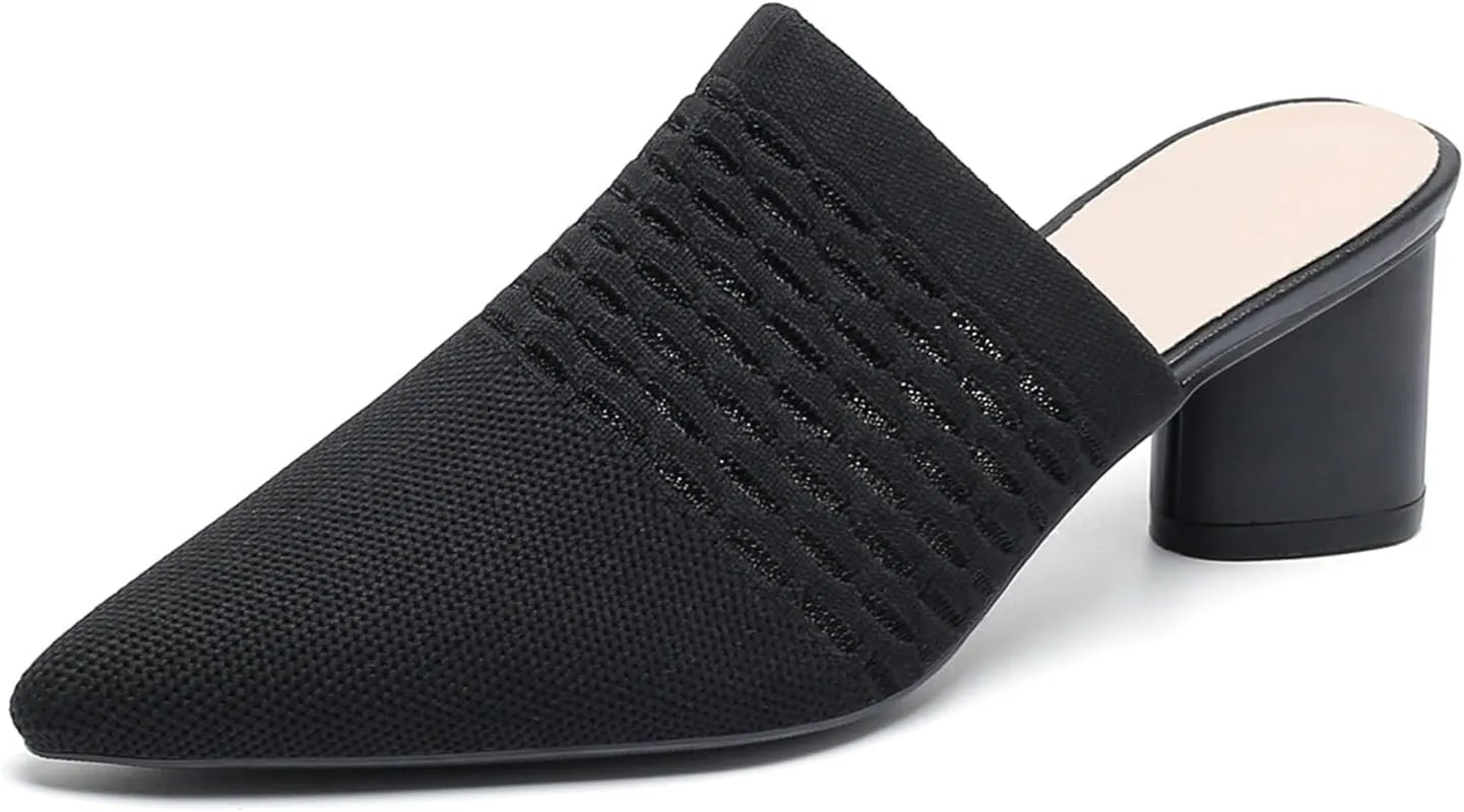 Women Knit Closed Pointed Toe Chunky Heel Mules Mesh Breathable Low Block Heel Pump Sandals Comfortable Slip On Dress Party Slides