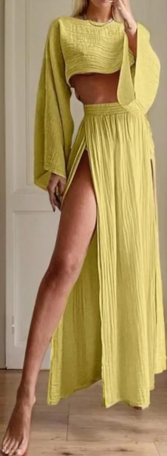 Women Linen Two Piece Sets Outfit Sexy Long Sleeve Crop Top High Waist Skirt Maxi Dress Going Out Beachwear