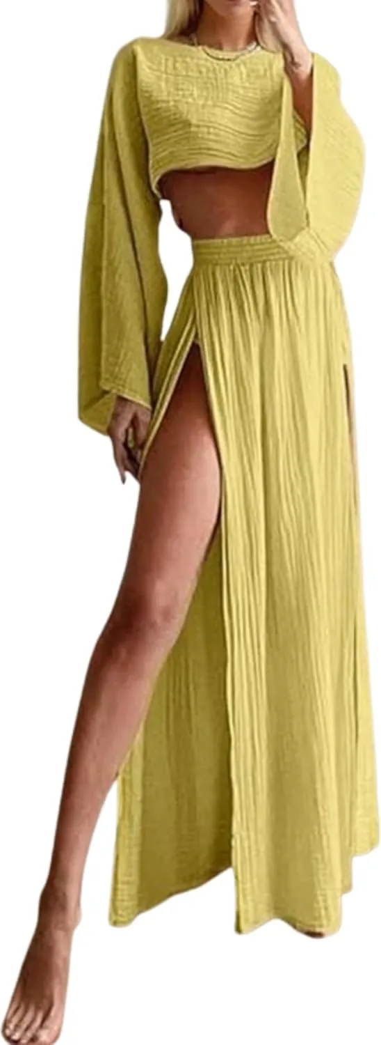 Women Linen Two Piece Sets Outfit Sexy Long Sleeve Crop Top High Waist Skirt Maxi Dress Going Out Beachwear