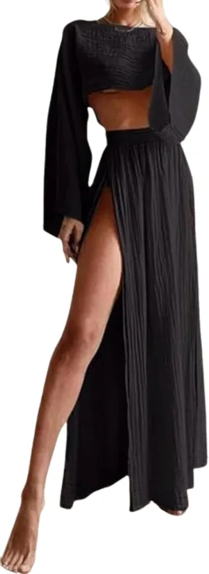 Women Linen Two Piece Sets Outfit Sexy Long Sleeve Crop Top High Waist Skirt Maxi Dress Going Out Beachwear