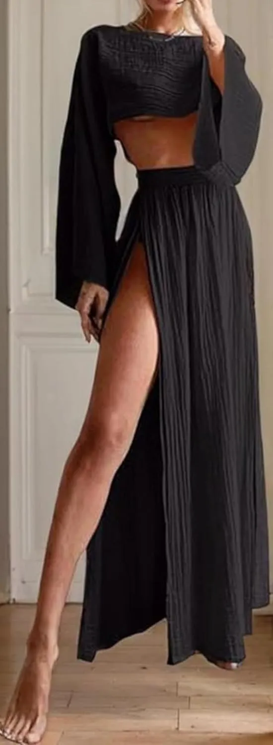 Women Linen Two Piece Sets Outfit Sexy Long Sleeve Crop Top High Waist Skirt Maxi Dress Going Out Beachwear