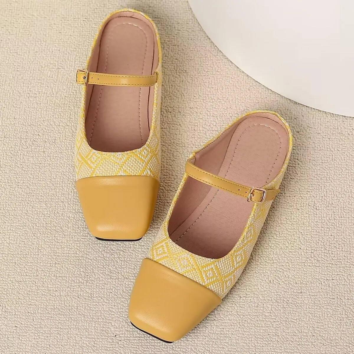Women Mules Elegant Dressy Flats Closed Toe Microfiber Leather Shoes Adjustable Buckle Strap Mary Jane Casual Office Shoes