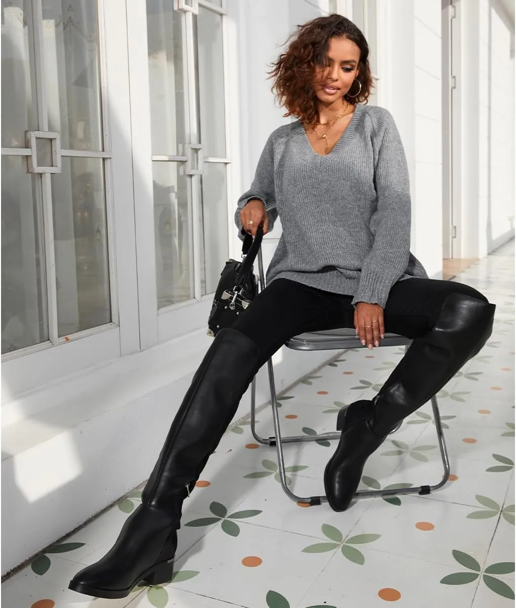 Women Over the Knee High Boots Chunky Heel Round Toe Low Heeled Boots with Stretchy Panel for Women Girls Ladies Fall Winter
