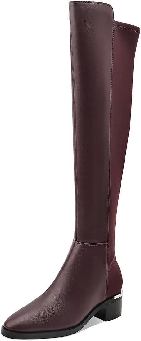 Women Over the Knee High Boots Chunky Heel Round Toe Low Heeled Boots with Stretchy Panel for Women Girls Ladies Fall Winter