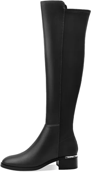 Women Over the Knee High Boots Chunky Heel Round Toe Low Heeled Boots with Stretchy Panel for Women Girls Ladies Fall Winter