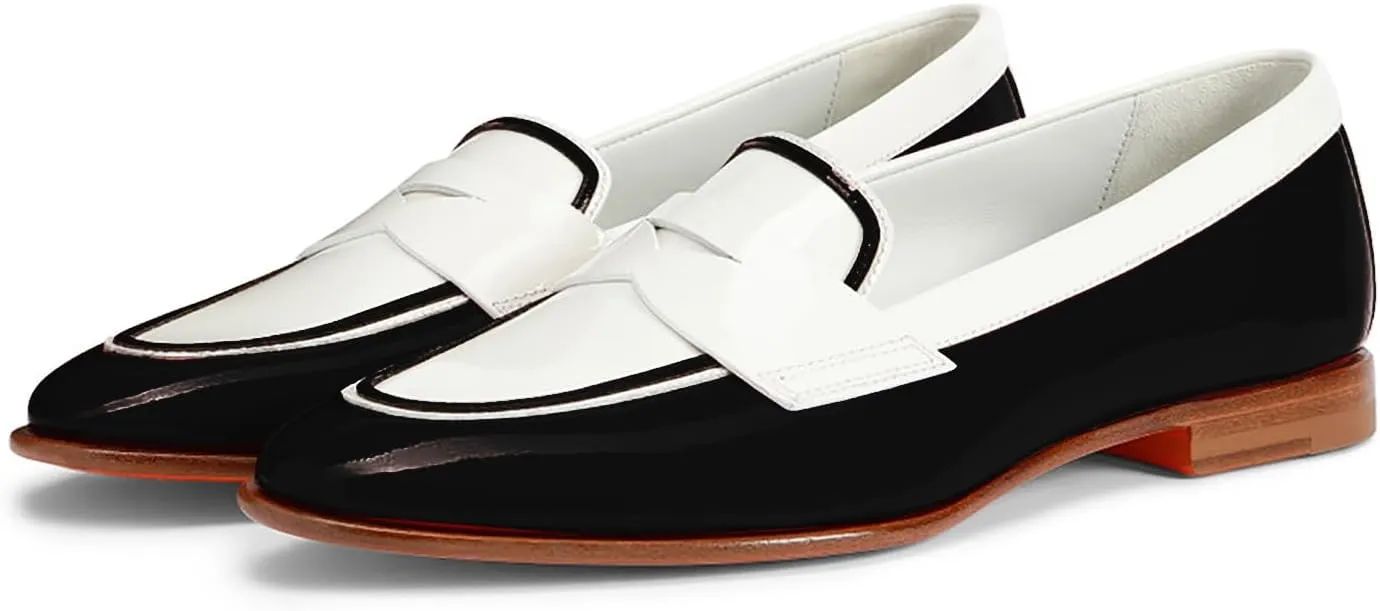 Women Patent Slip On Loafer Flats Two Tone Round Toe Flat Heel Penny Loafers Casual 1 inch Low Heel Loafer Dress Shoes Oxford Comfort Chic Colorblock Office Ladies Basic 4-11 M US