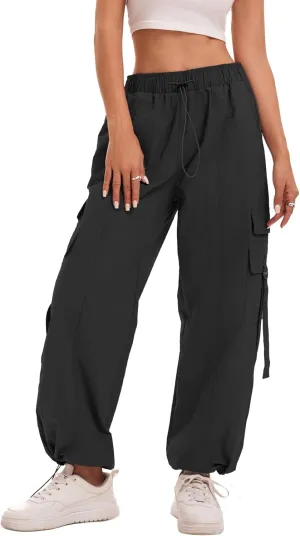 Women Quick-Dry Cargo Pants Y2K Wide Leg Baggy Pants Lightweight Hiking Pants Streetwear with Drawstring