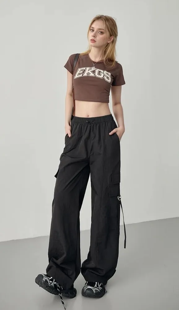 Women Quick-Dry Cargo Pants Y2K Wide Leg Baggy Pants Lightweight Hiking Pants Streetwear with Drawstring