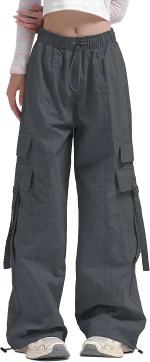 Women Quick-Dry Cargo Pants Y2K Wide Leg Baggy Pants Lightweight Hiking Pants Streetwear with Drawstring