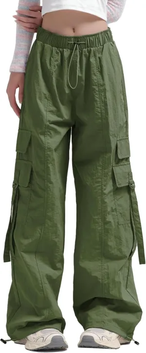 Women Quick-Dry Cargo Pants Y2K Wide Leg Baggy Pants Lightweight Hiking Pants Streetwear with Drawstring