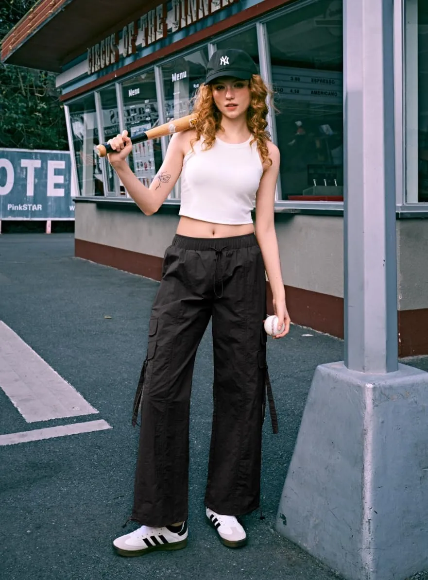 Women Quick-Dry Cargo Pants Y2K Wide Leg Baggy Pants Lightweight Hiking Pants Streetwear with Drawstring