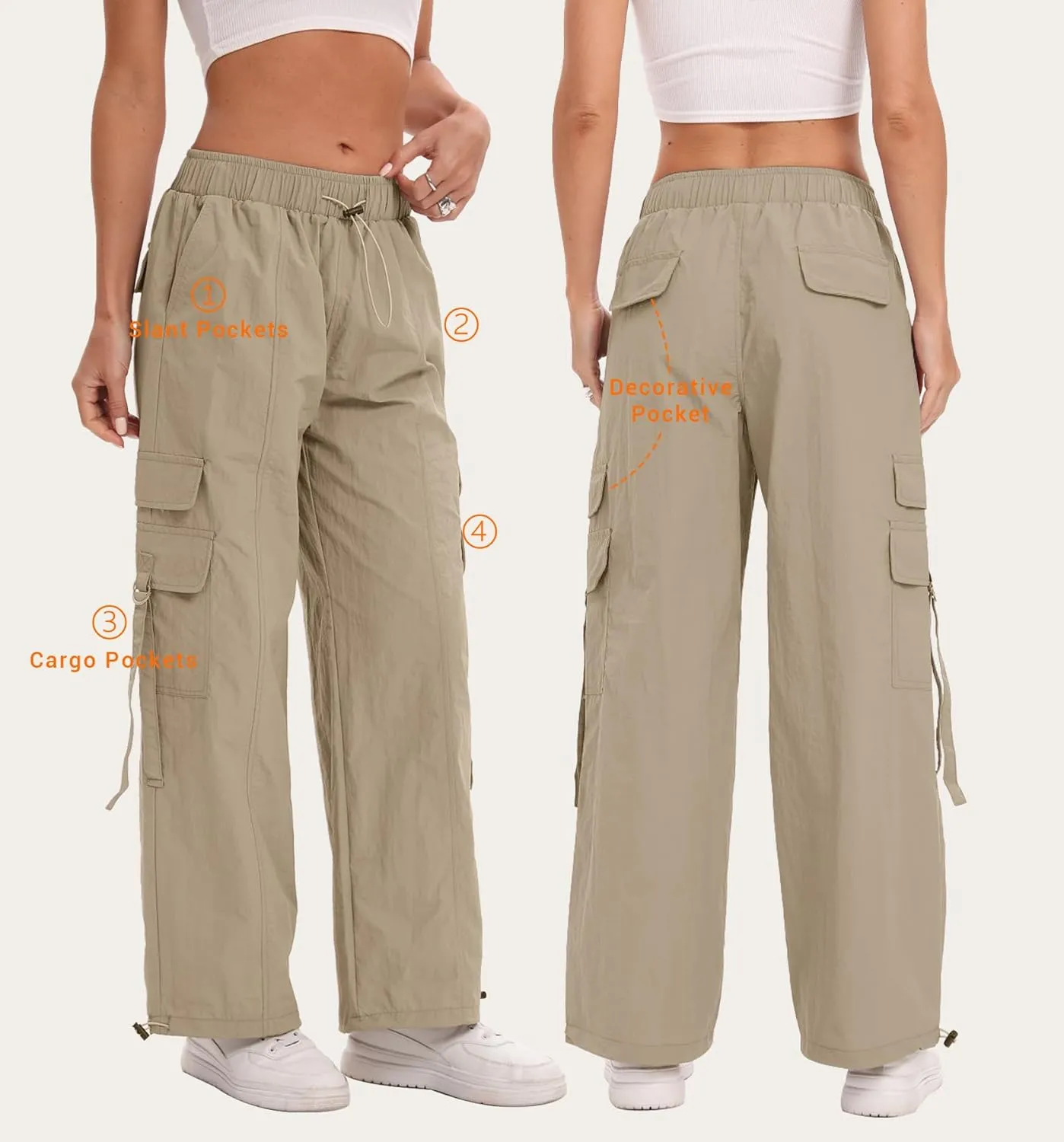 Women Quick-Dry Cargo Pants Y2K Wide Leg Baggy Pants Lightweight Hiking Pants Streetwear with Drawstring