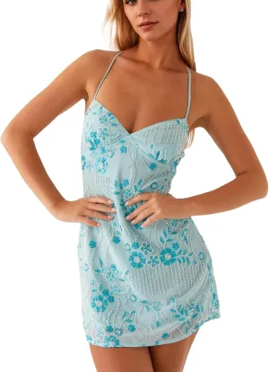Women Sequin Sparkly Rhinestone Mini Dress Sleeveless Backless Deep V Neck Glitter Short Cami Dress Party Clubwear